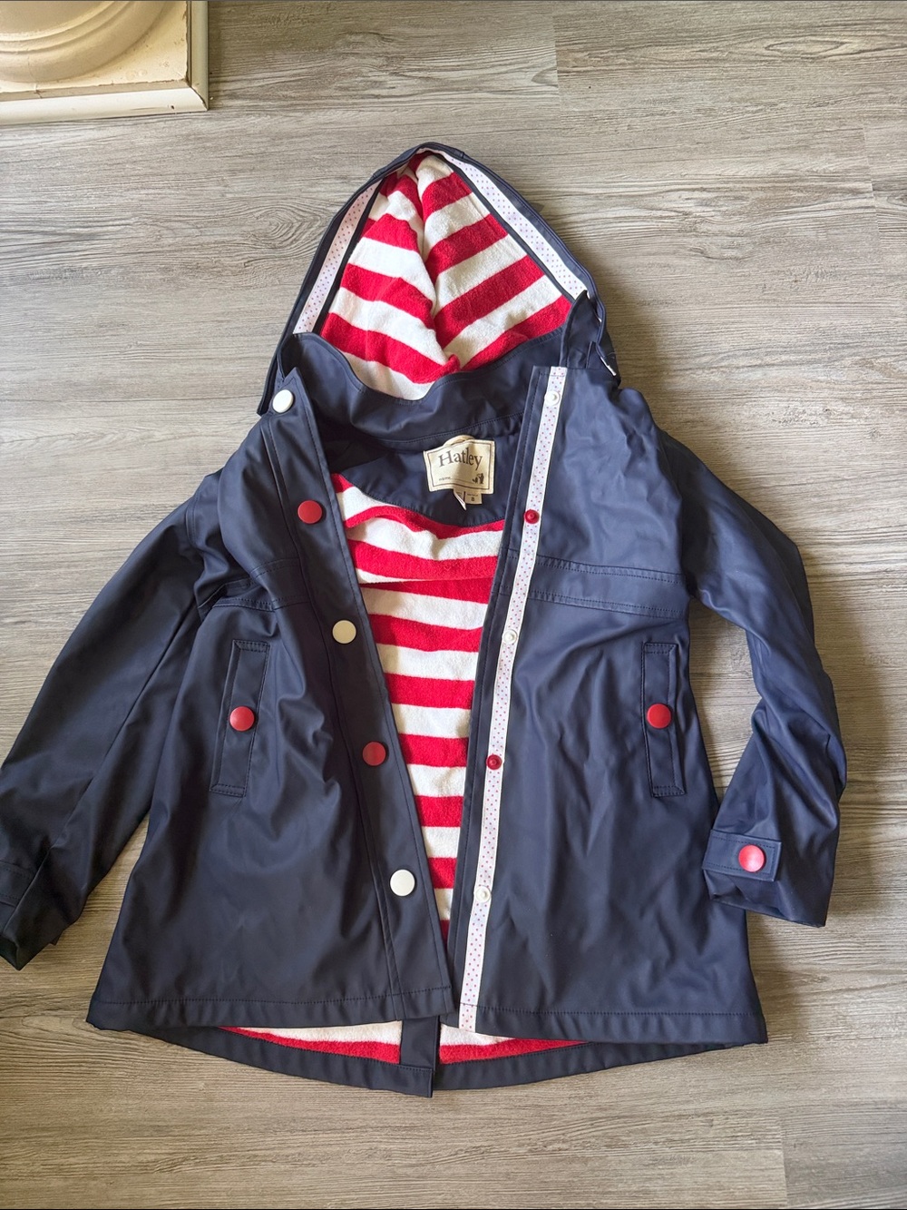 Hatley Kids Navy Hooded Raincoat with Red & White Striped Lining size 8